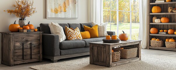 Beautiful and bright apartment background featuring a comfortable carpet in autumn colours creating a cosy and inviting atmosphere of comfort and warmth