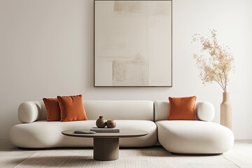 Modern beige sectional sofa, minimalist living room, neutral decor, calm atmosphere, interior design