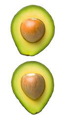 Fresh ripe avocados with a cut section and seed isolated on a white background, out, cut