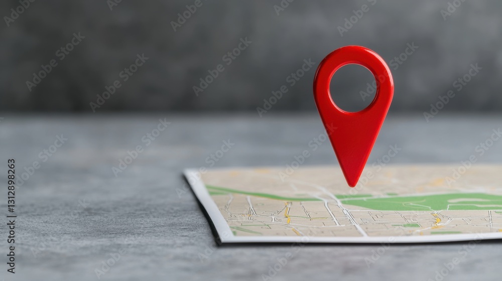 Poster red location pin above map on gray background for navigation and travel concept imagery in stock pho