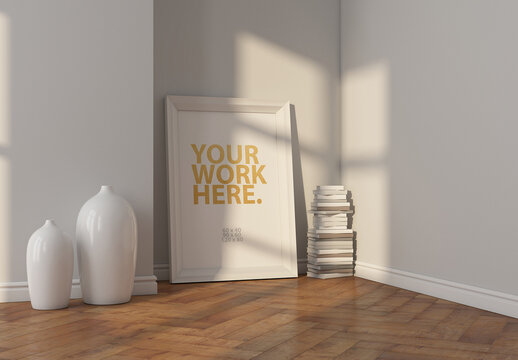 Vertical poster frame mockup standing on parquet