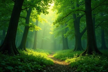 Fototapeta premium Deep green forest with dappled sunlight filtering through leaves, summer, growth