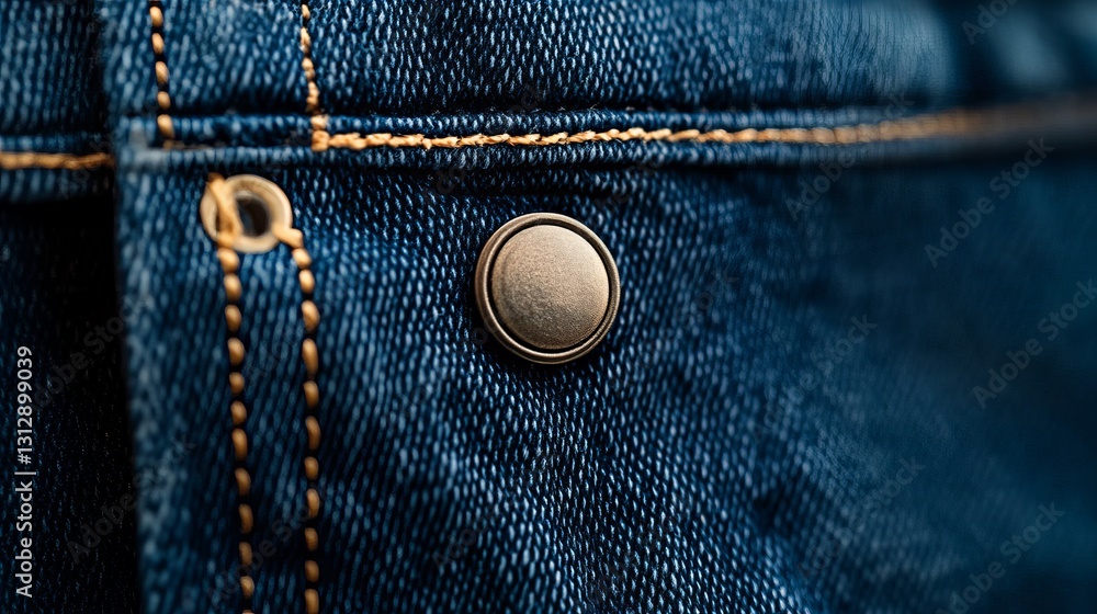 Poster close-up of a denim fabric texture with a metal button. the deep blue hues and intricate stitching c