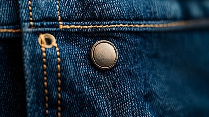 Close-up of a denim fabric texture with a metal button. The deep blue hues and intricate stitching create a visually appealing image.