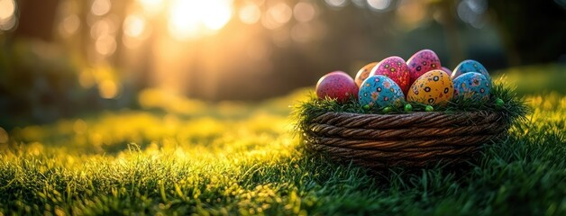 Basket filled with colorful Easter eggs on lush green grass under the morning sun, with copy space for text or design.