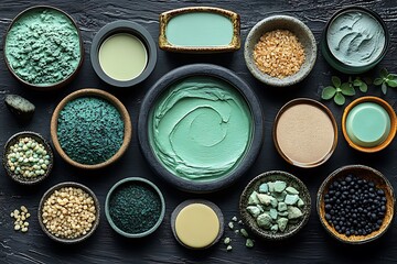 Naklejka premium Assortment Of Natural Skincare Products On Dark Background