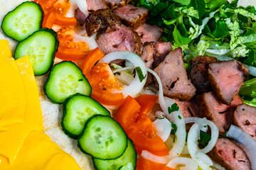 Delicious meat wrap preparation with fresh vegetables and cheese