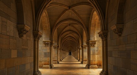 Fototapeta premium Walking Through a Long Stone Archway Hallway with Ornate Architecture