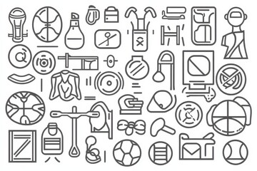Fototapeta premium A collection of minimalist line icons representing various sports, tools, and everyday objects