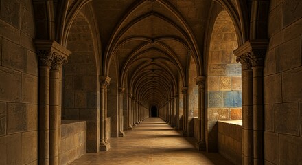 Fototapeta premium Long arched stone hallway stretches into the distance with columns