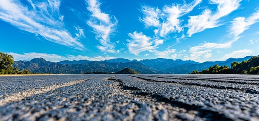 The scene features a vast empty asphalt road and tarmac floor set against a mountainous backdrop