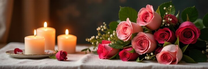 Elegant candles, roses, fine china, linen tablecloth, home, texture, wedding