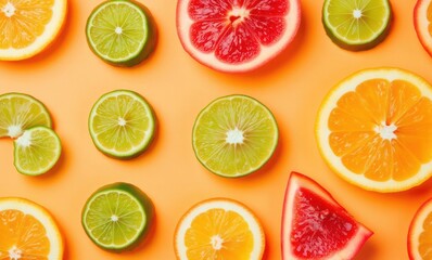 Colorful citrus fruits on orange background