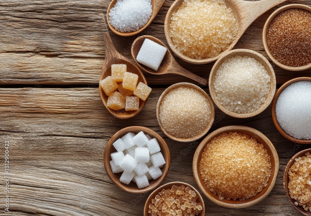 Poster a beautiful array of different types of sugar in wooden bowls on rustic wooden table for culinary us