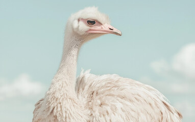 Fototapeta premium White Ostrich Close Up Against a Pale Blue Sky