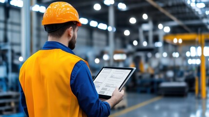 Construction Worker in Hard Hat Using Digital Tablet in Industrial Workshop with Modern Machinery and Equipment