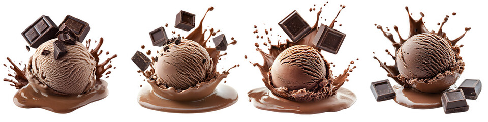 Chocolate Ice Cream Scoops with Chocolate Splash and Chunks – Isolated on Transparent Background