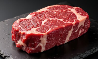 Fresh marbled ribeye steak on slate
