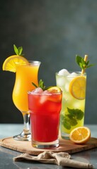 Variety of chilled drinks, elegant presentation, neutral backdrop, visual, premium