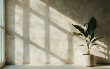 Sunlight Illuminates Potted Plant Against Textured Wall