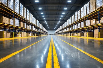 Obraz premium Brightly Lit Modern Warehouse Interior with Rows of Cardboard Boxes on Shelves