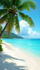 Obraz premium Azure water laps shore, palm fronds dance in breeze, paradise, vibrant, exotic