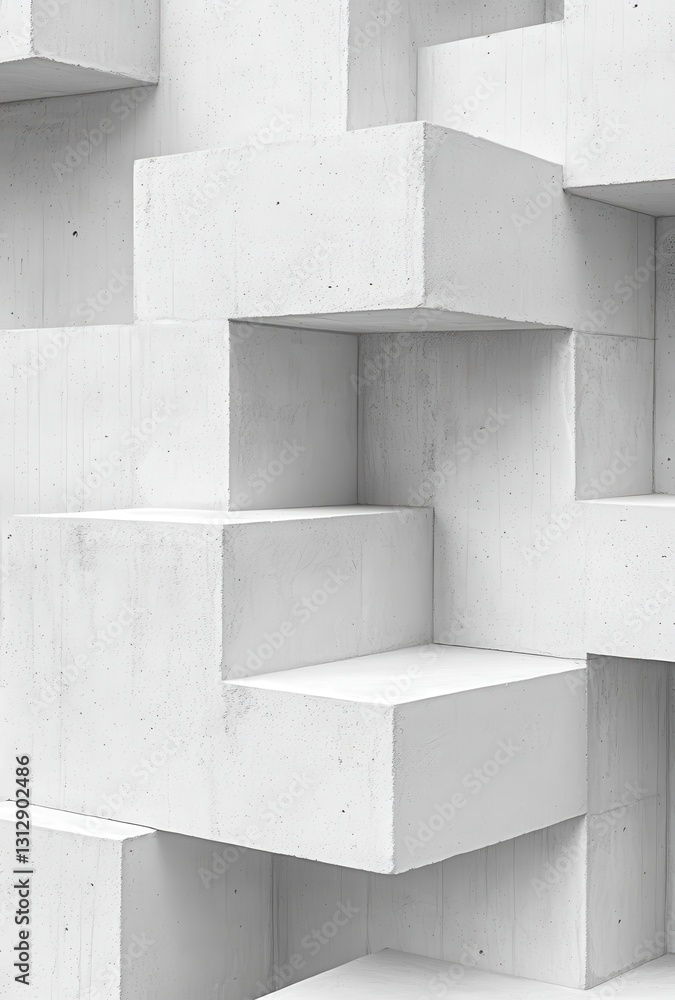 Poster abstract arrangement of white concrete blocks with geometric shapes and textures in architectural de