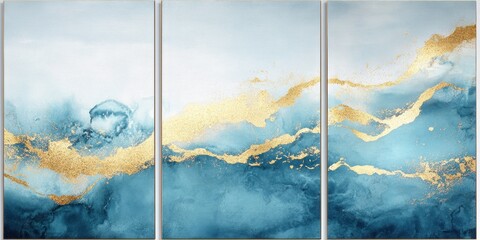 Triptych abstract blue and gold art print.
