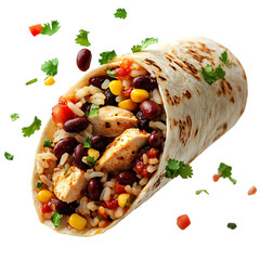 A Fresh Chicken Burrito with Black Beans and Corn Isolated on Transparent Background