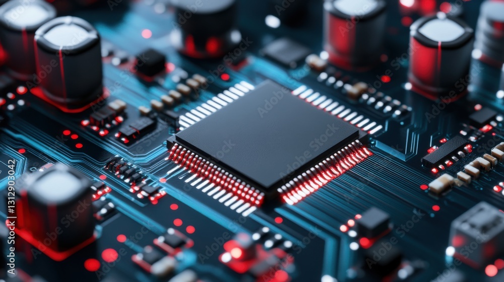 Poster close-up of a modern microchip on a circuit board with led lights and electronic components