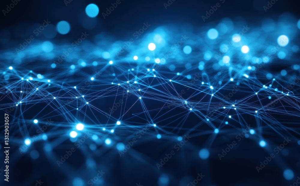Poster abstract background of connected dots and lines in blue with glowing elements for technology and dat