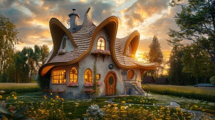 Fototapeta premium Whimsical Fairy Tale Cottage at Sunset
