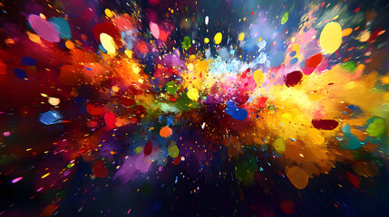 A dynamic burst of colorful particles, scattered across the image like a digital explosion in vibrant hues