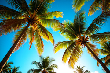 "Towering Tropical Palm Trees Against a Radiant Blue Sky: A Symbol of Relaxation and Natural Beauty"