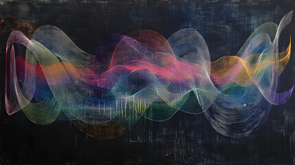 Thin, colorful lines forming soundwave-like patterns, intersecting and vibrating on a dark, textured backgroun