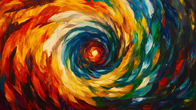 Swirling vortex of bright, angular shapes, radiating outward in a hypnotic, pulsating pattern,