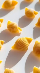 Pasta Perfection: Close-up shot of arranged seashell pasta, capturing texture, color, and the delicate balance of the shapes, under bright sunlight.
