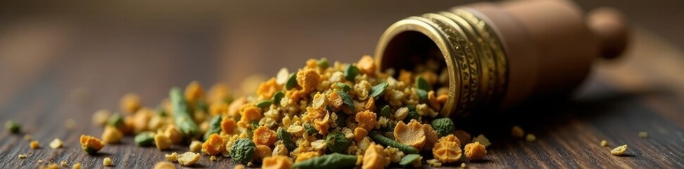 Intricate detail of dried herbs inside Thai nasal inhaler, sinus, flu