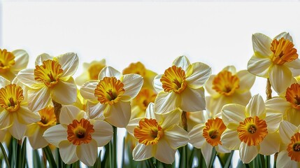 Fototapeta premium Daffodil flower isolated on a white background featuring a vibrant yellow border frame perfect for adding copy to enhance your design with natural beauty
