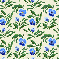 Bezszwowy wzór w niebieskie bratki. Ręcznie rysowane kwiaty z zielonymi liśćmi  na jasnym tle. © Monika