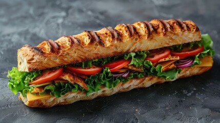 A delicious sandwich filled with fresh vegetables and grilled chicken on a rustic surface.