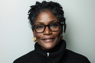 Obraz premium In a studio, a woman with a professional demeanor is captured smiling happily at the camera