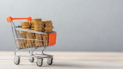 Shopping cart filled with stacks of coins on a wooden surface, symbolizing savings and retail investment