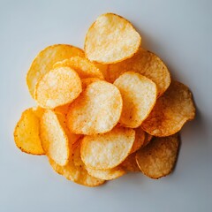Crispy Potato Chips: A tempting pile of golden, crispy potato chips arranged on a light surface, inviting a delightful snack experience.