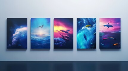 Stunning Ocean Canvas Art Prints Whale Dolphin Sea Life Aquatic Wall Decor Set of Five