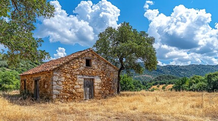 Obraz premium Rustic stone house in dry, sunny landscape