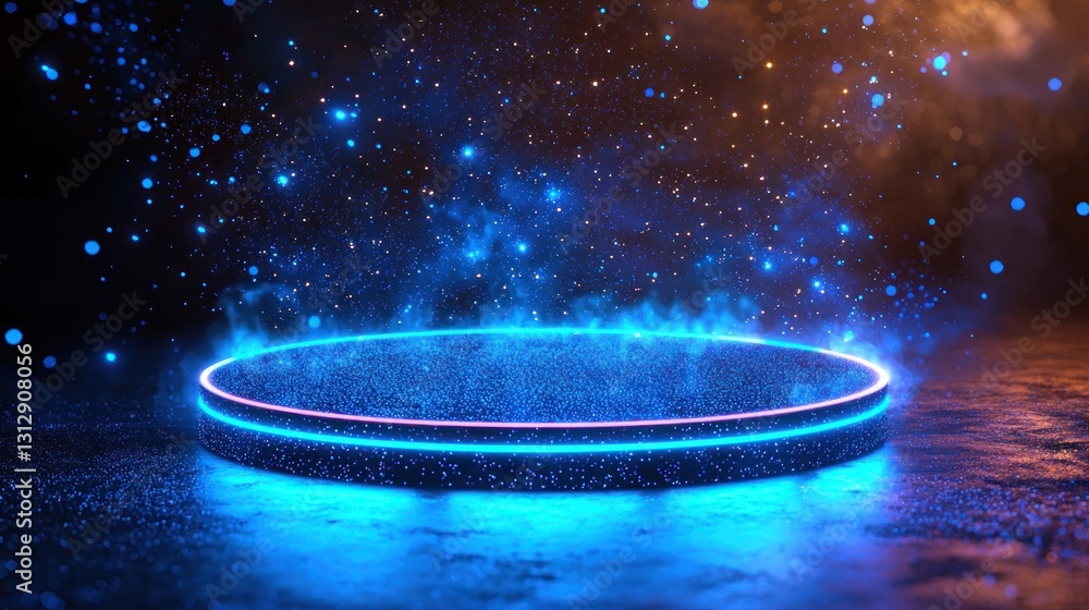 Poster glowing neon platform with particles for product display and presentation