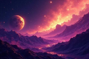 Abstract cosmic landscape, golden planets amidst purple nebula, glowing energy , fantasy, energy