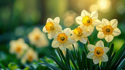 Beautiful birthday card arrangement featuring a botanical bouquet of blooming daffodils as an artistic background perfect for celebrating and sharing joy in any occasion.