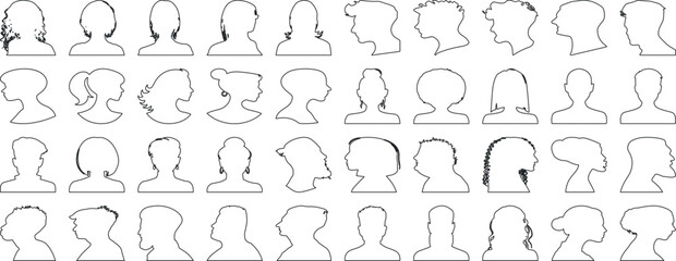 man woman profile line art head, hairstyle, men, women outline collection, variety line art. features unique hairstyles, male and female head silhouettes, showcasing various hairstyles, side view